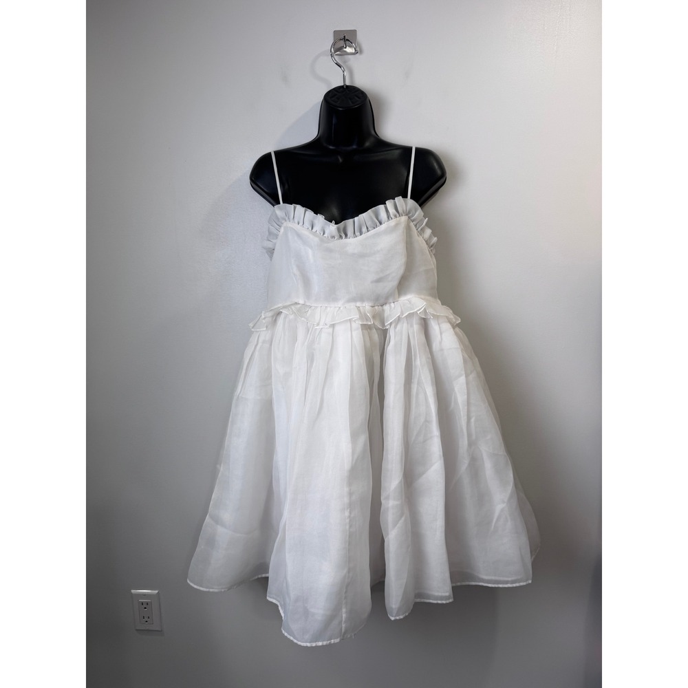 Selkie Women White The Rosebud Mini Dress Ruffle Organza Puff Babydoll Large